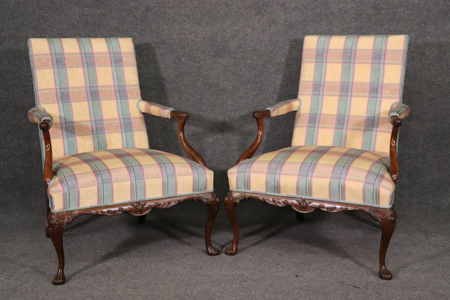 Large Scale Georgian Carved Mahogany Armchairs Lounge Chairs