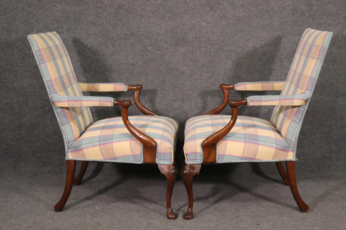 Large Scale Georgian Carved Mahogany Armchairs Lounge Chairs