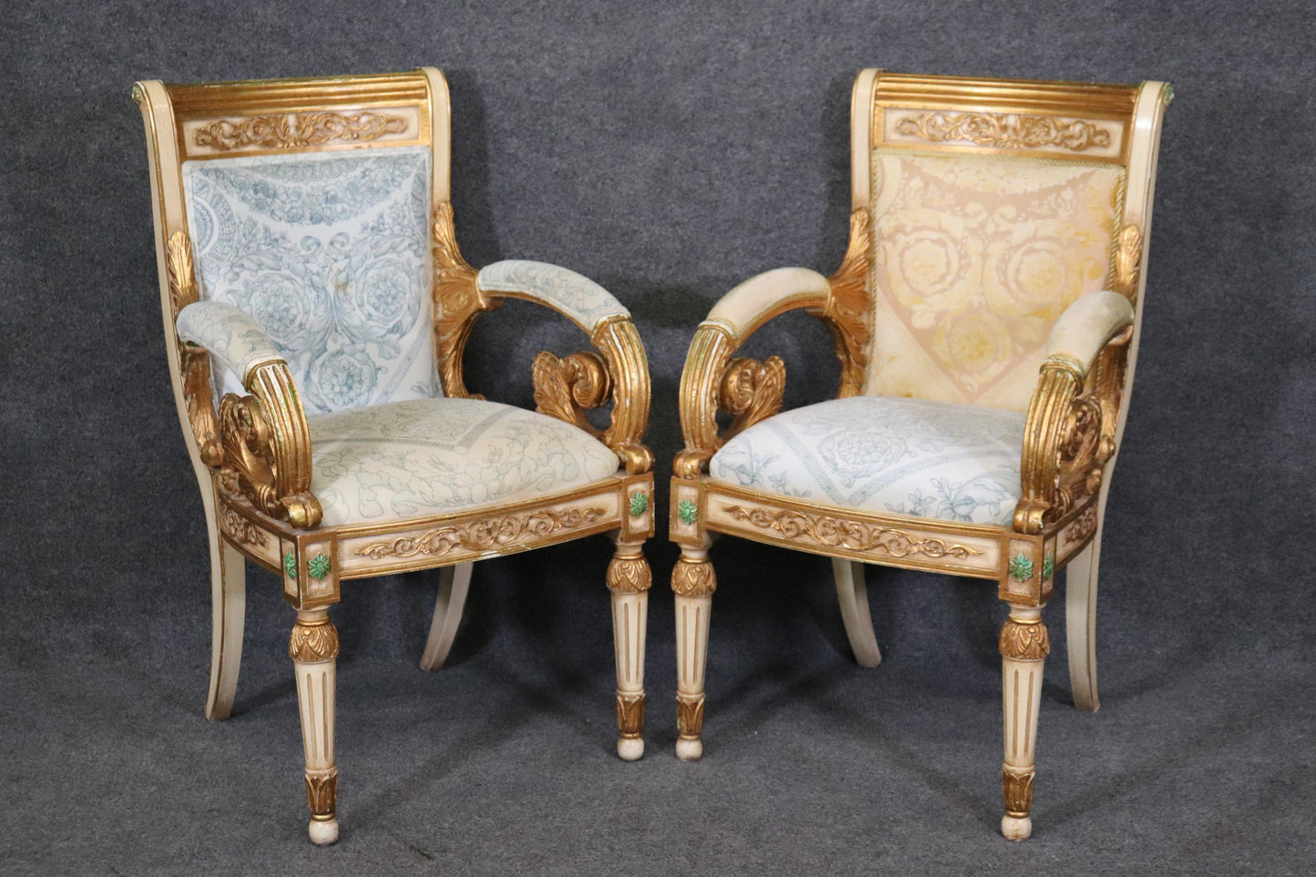 Pair of Ornate Carved Gold Leaf Gilded French Armchairs Circa 1940