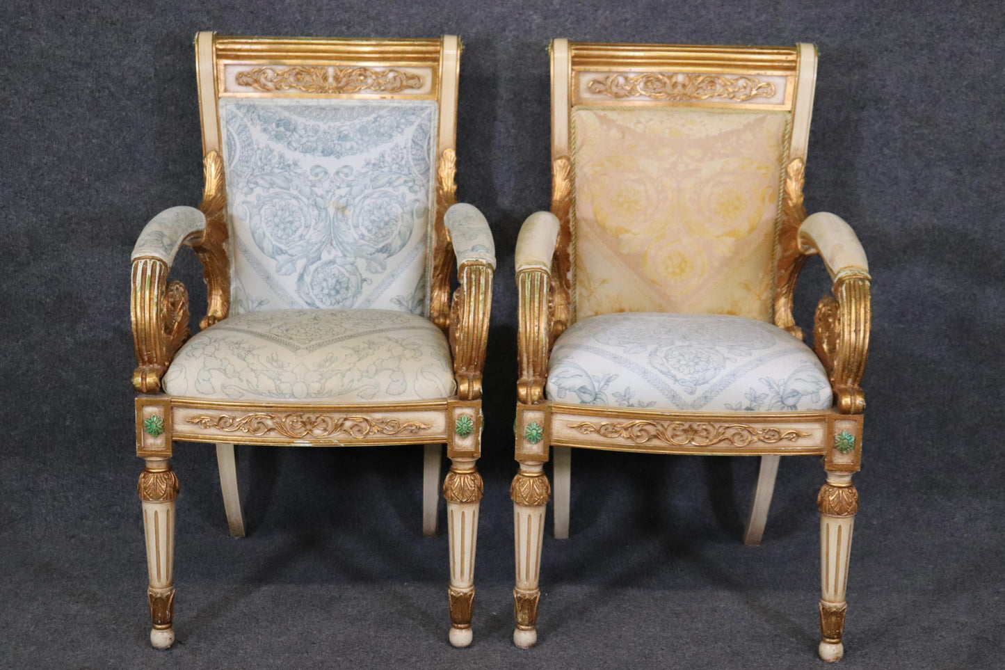 Pair of Ornate Carved Gold Leaf Gilded French Armchairs Circa 1940