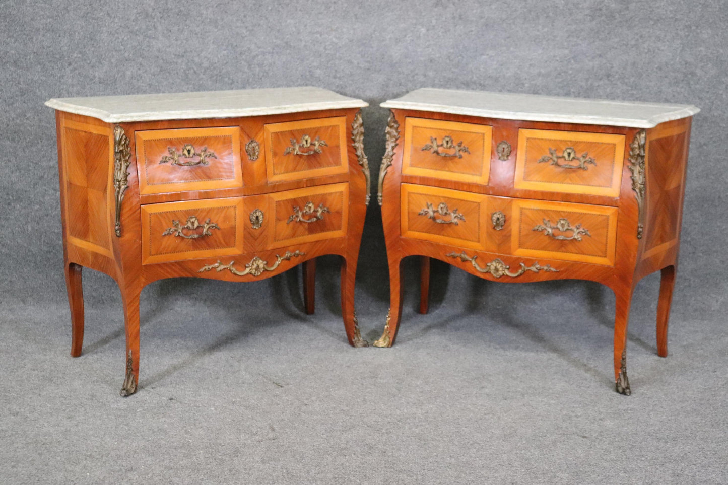 Pair of Kingwood and satinwood Marble Top French Louis XV Commodes