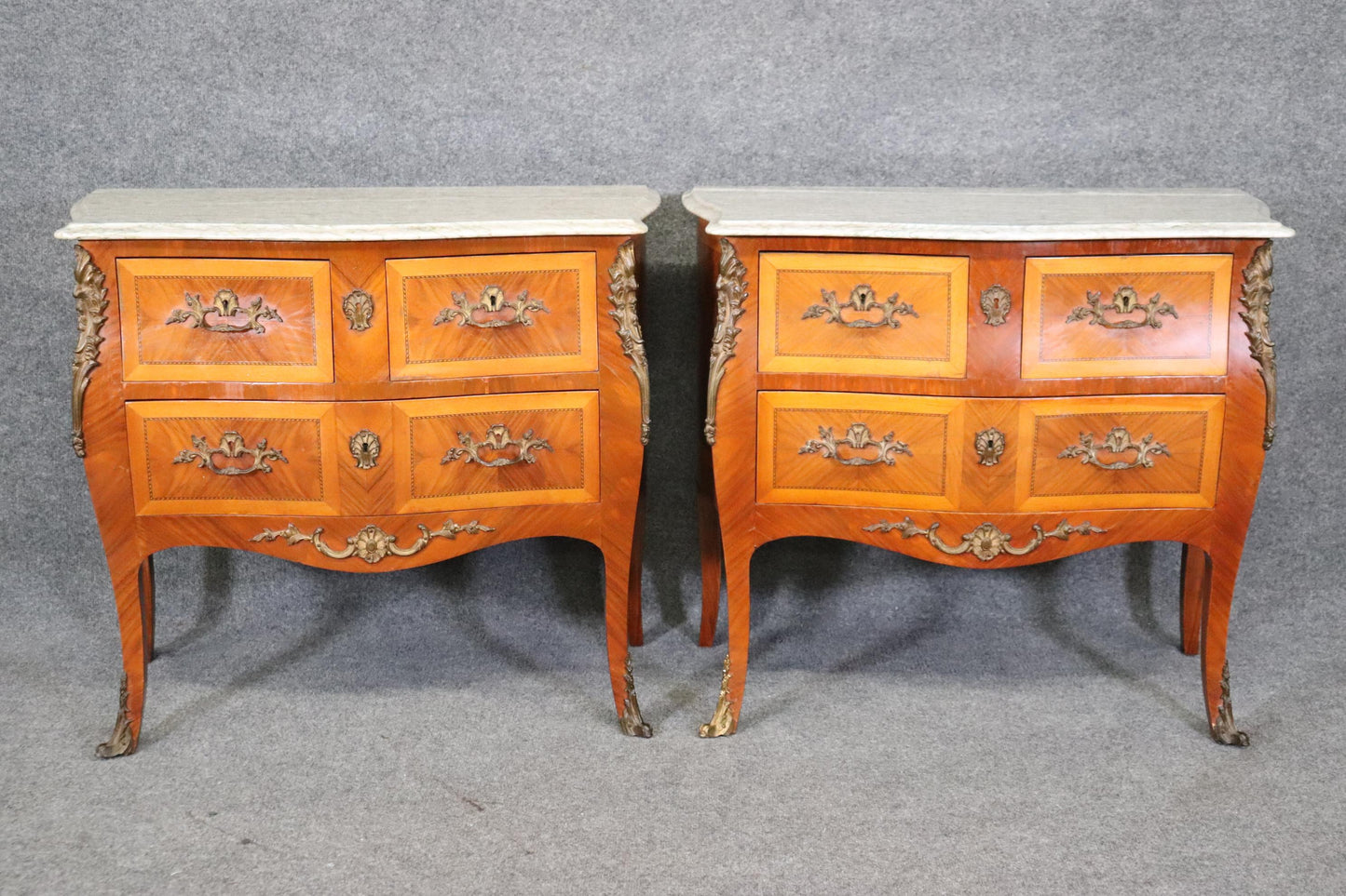 Pair of Kingwood and satinwood Marble Top French Louis XV Commodes