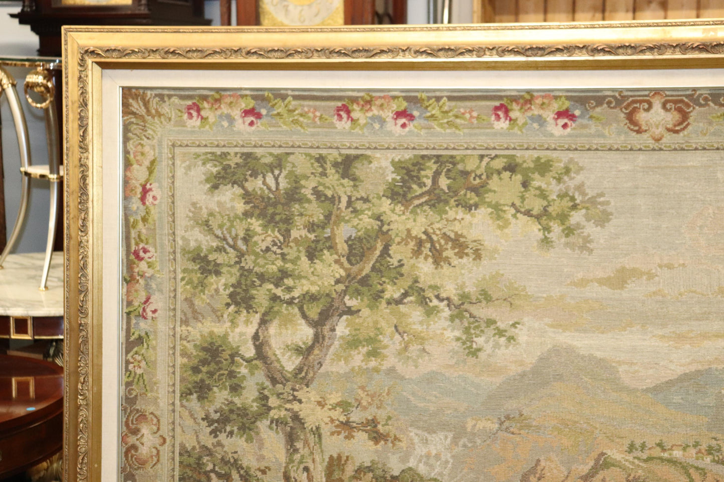 Monumental French or Belgian Tapestry of Provincial Scene in Fine Gilt Frame