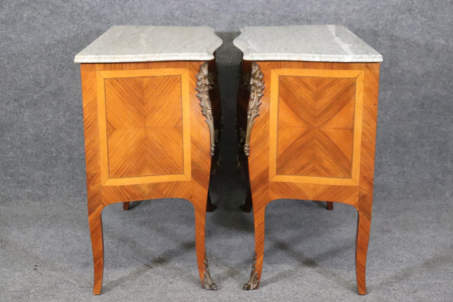 Pair of Kingwood and satinwood Marble Top French Louis XV Commodes