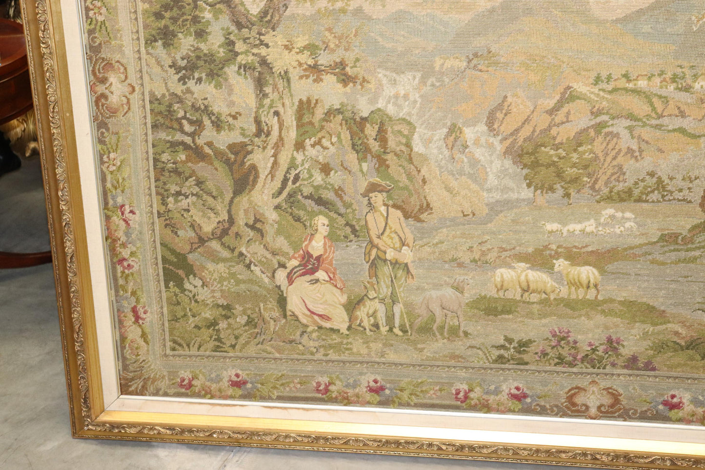 Monumental French or Belgian Tapestry of Provincial Scene in Fine Gilt Frame