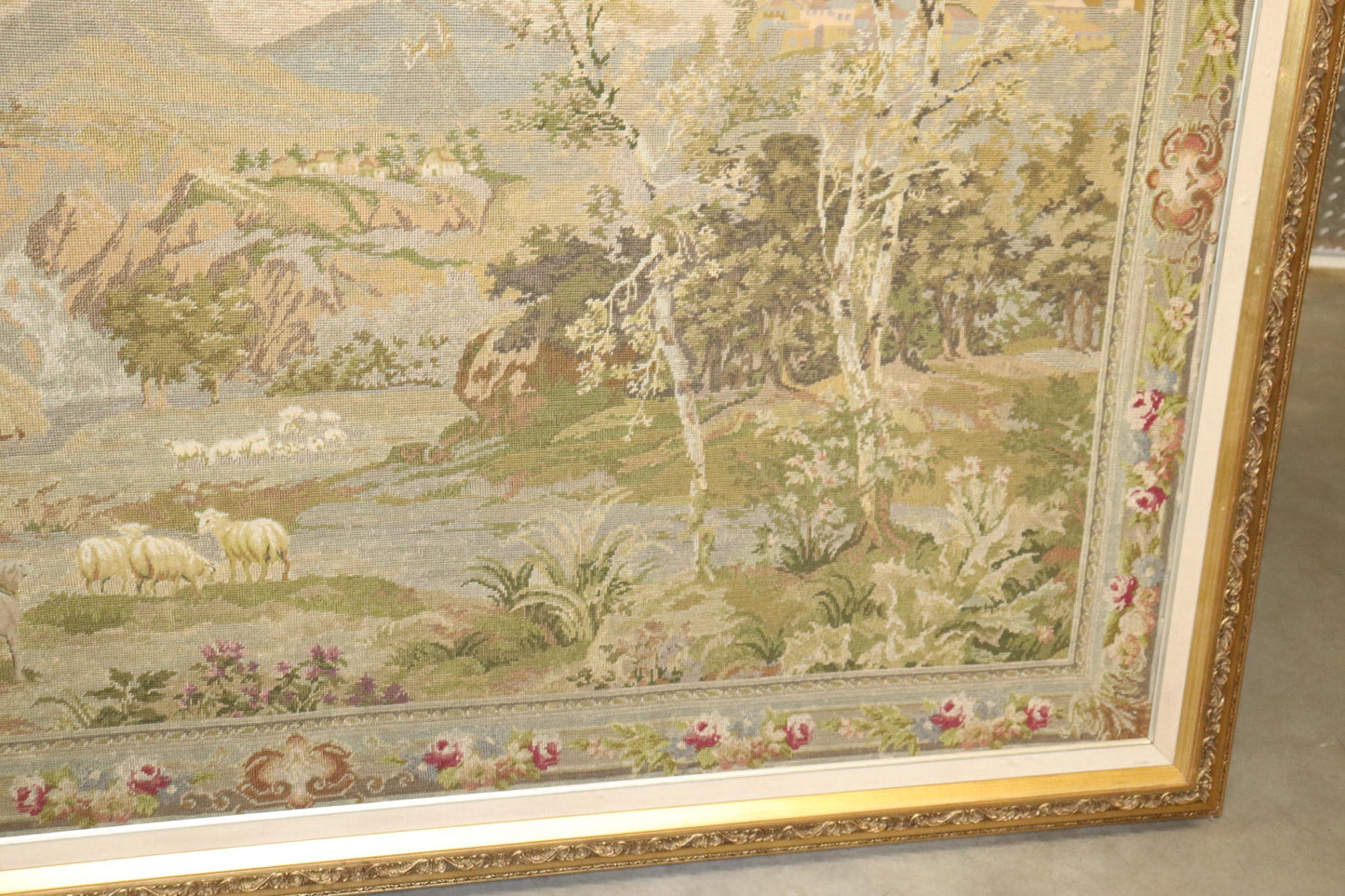 Monumental French or Belgian Tapestry of Provincial Scene in Fine Gilt Frame