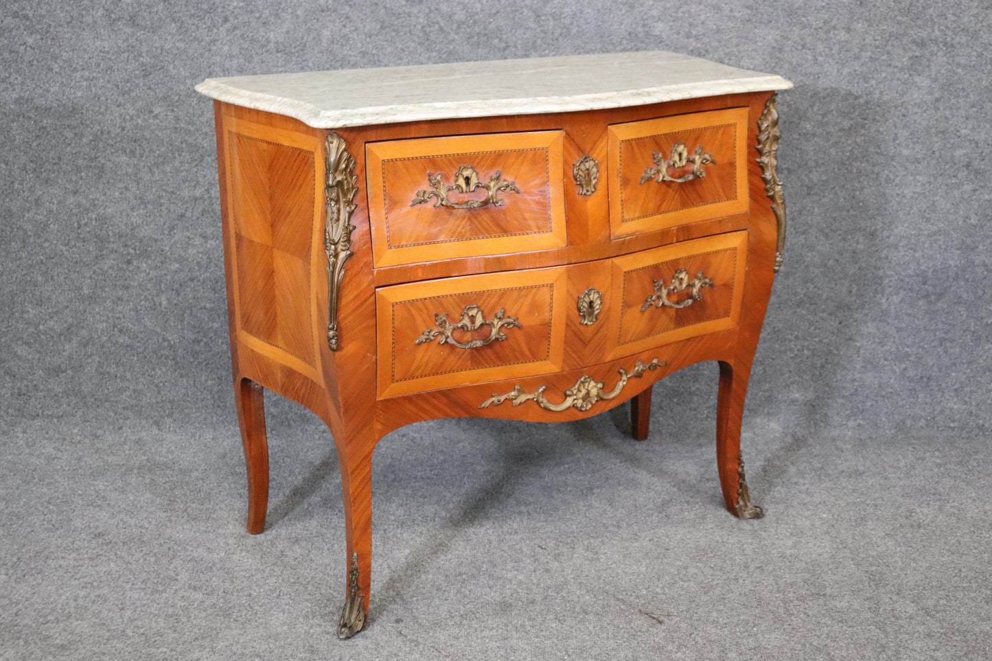 Pair of Kingwood and satinwood Marble Top French Louis XV Commodes