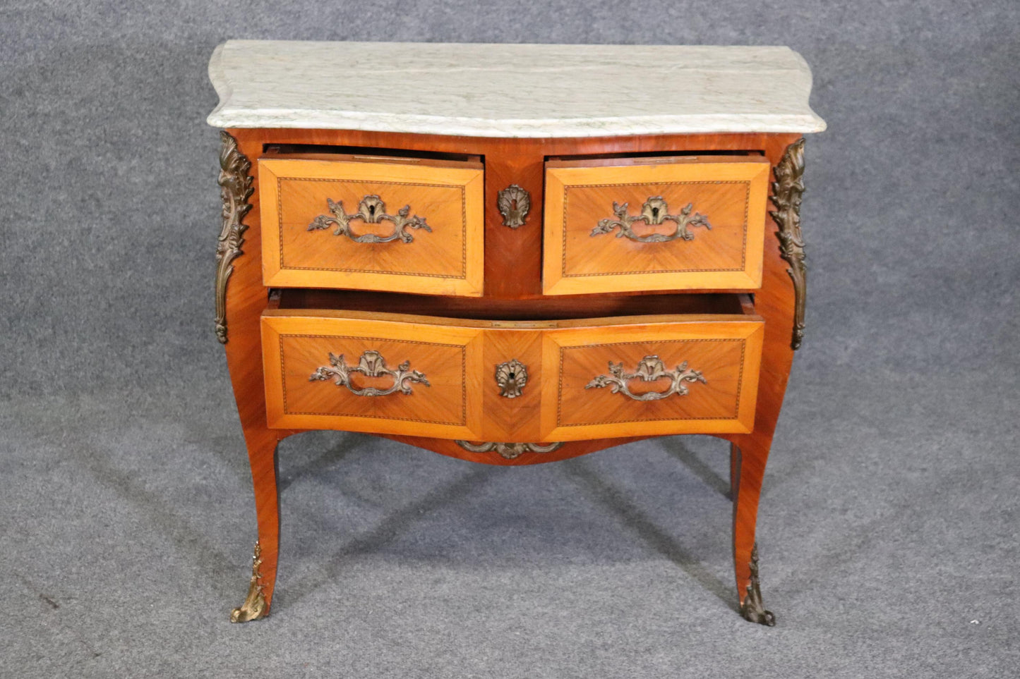 Pair of Kingwood and satinwood Marble Top French Louis XV Commodes