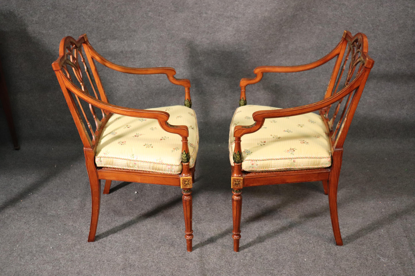 Pair of English Adams Style Satinwood Paint Decorated Cane Seat Armchairs