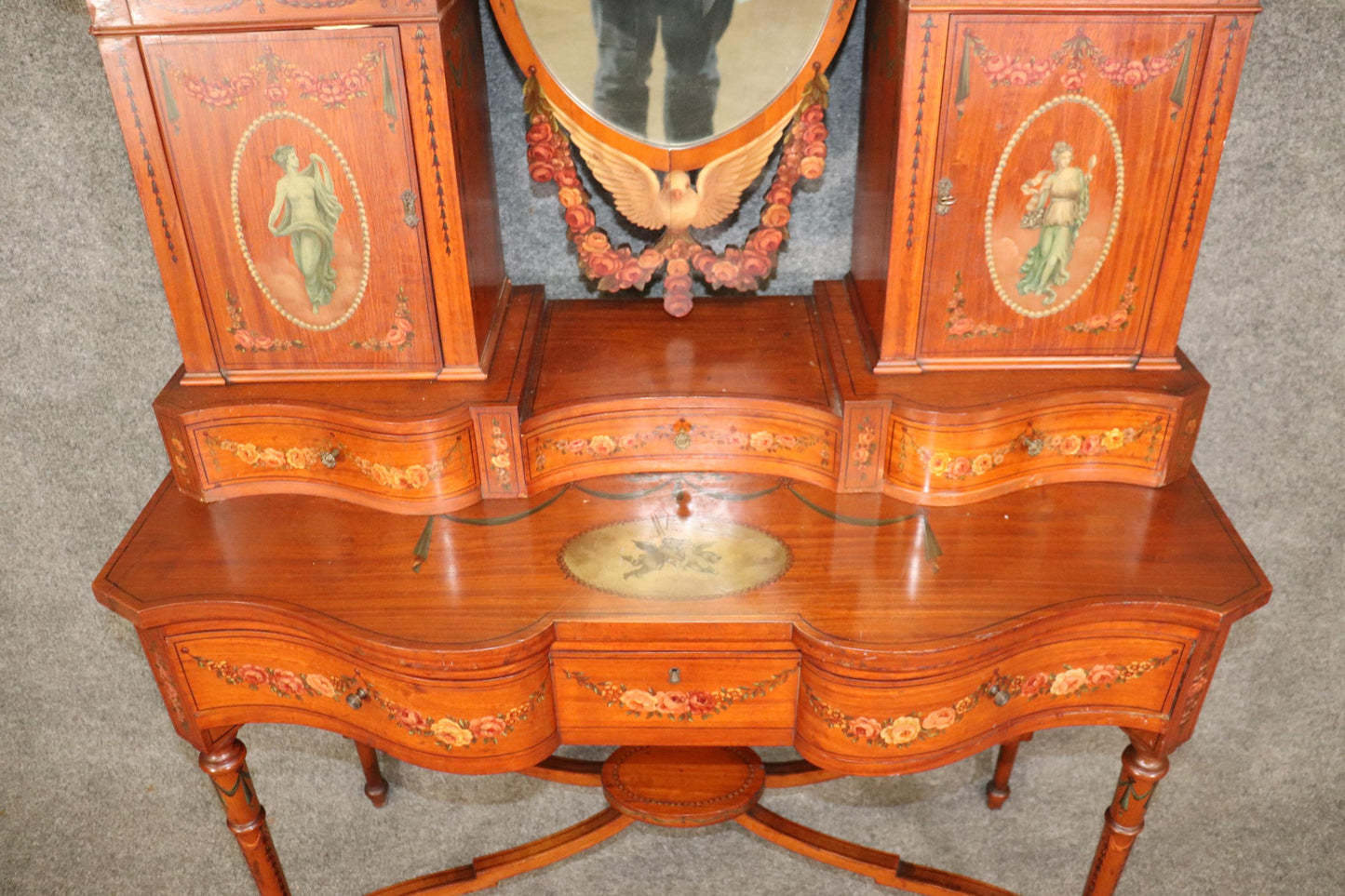 Fine Quality Gillow & Co Satinwood Paint Decorated Ladies Vanity Circa 1890s