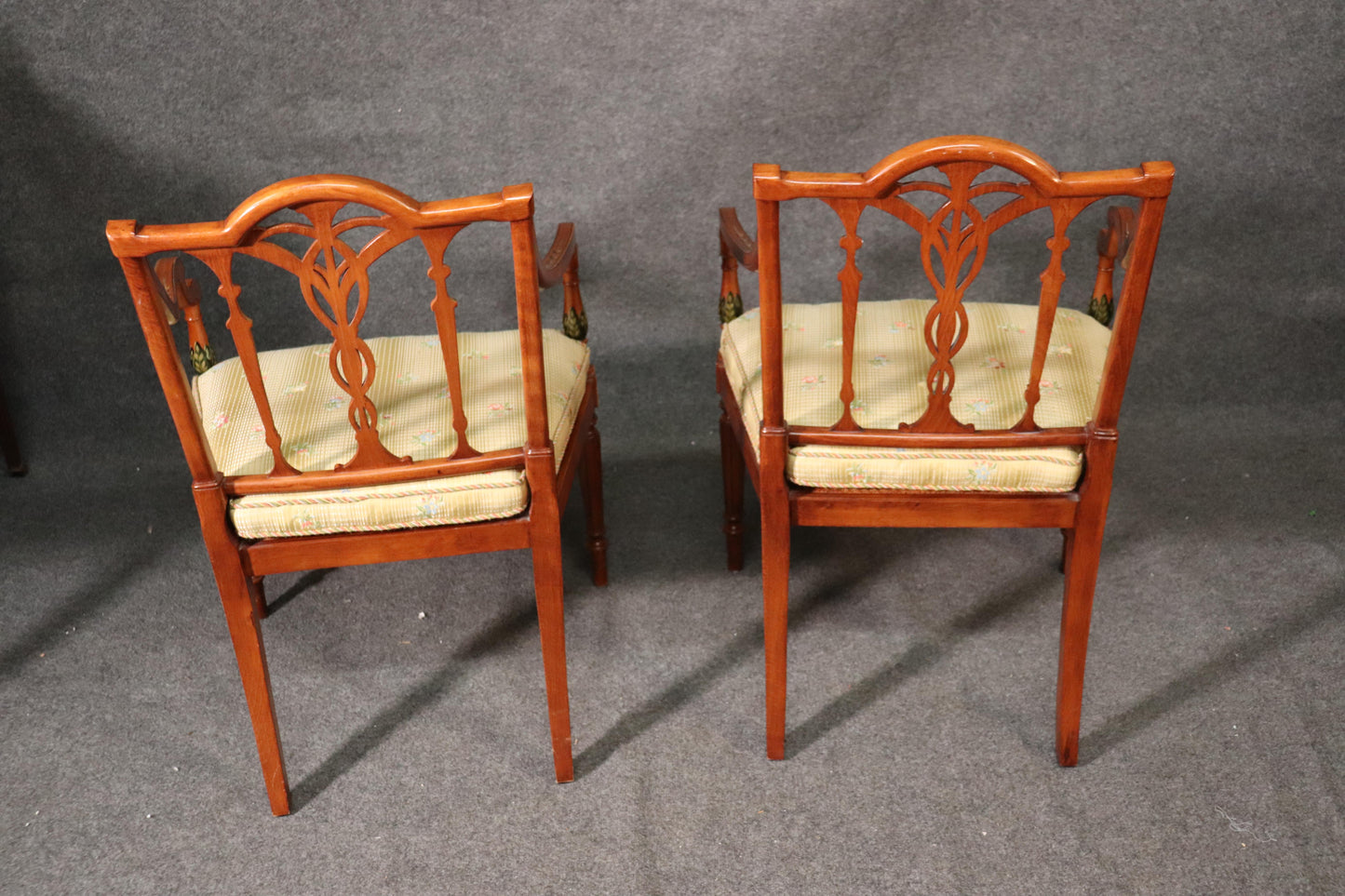 Pair of English Adams Style Satinwood Paint Decorated Cane Seat Armchairs