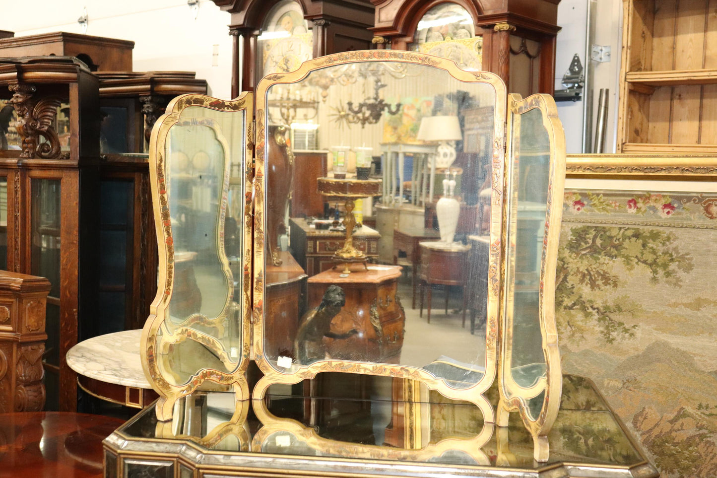 Tri-Fold Chinoiserie Paint Decorated Folding Vanity or Wall Mirror