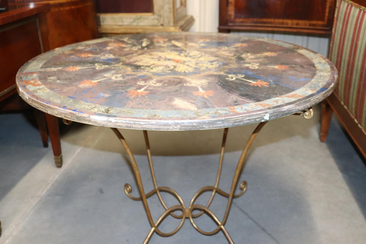 Rare Scagliola Decorated Gilded Wrought Iron Base Center Table