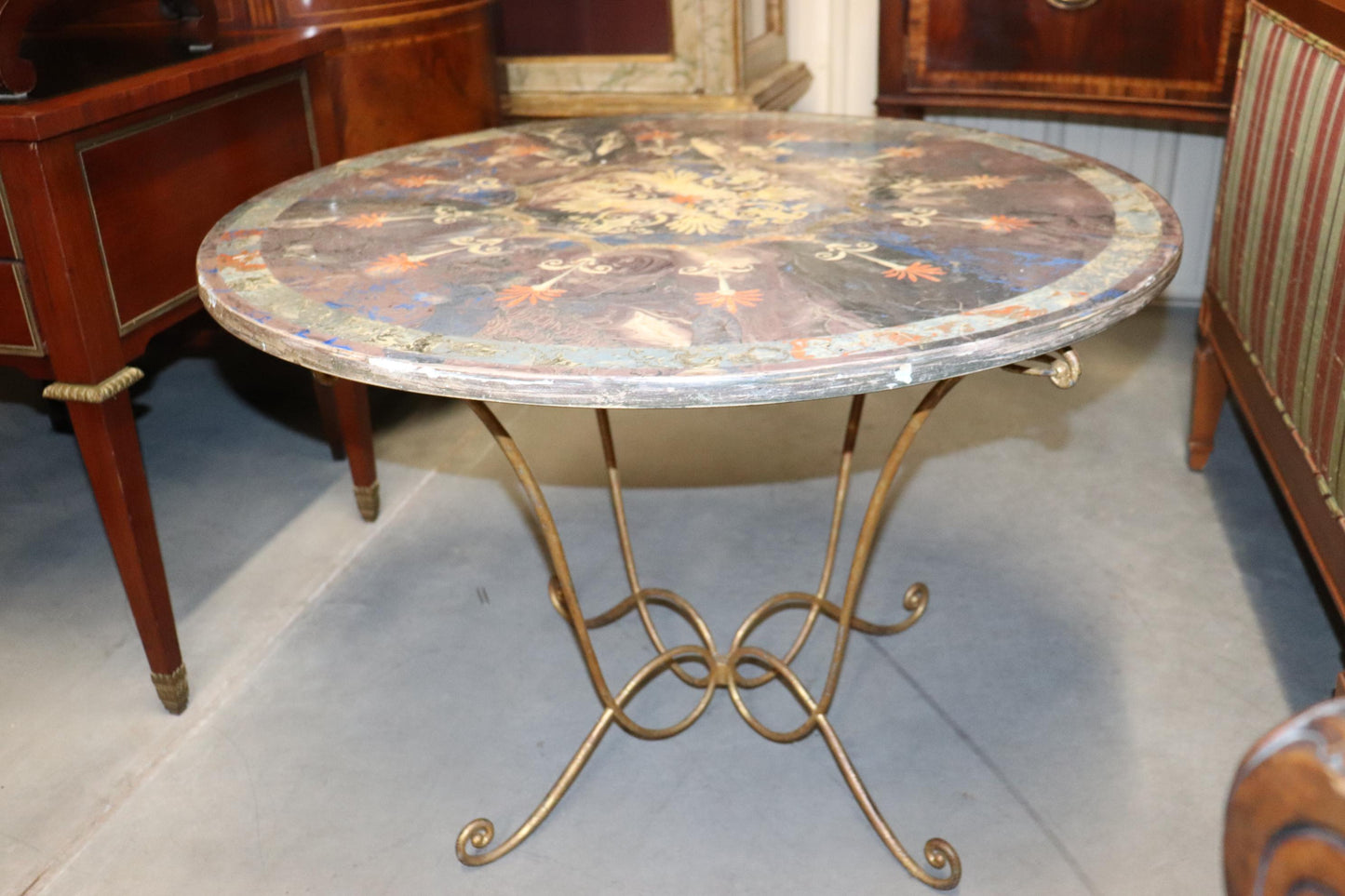 Rare Scagliola Decorated Gilded Wrought Iron Base Center Table