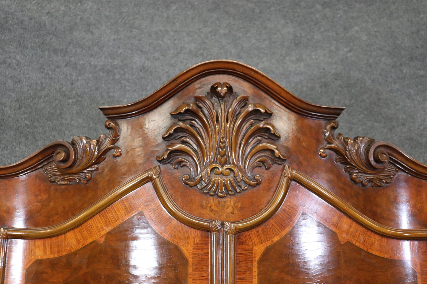 Tall Inlaid Carved Walnut French Louis XV China Cabinet Bar Circa 1920