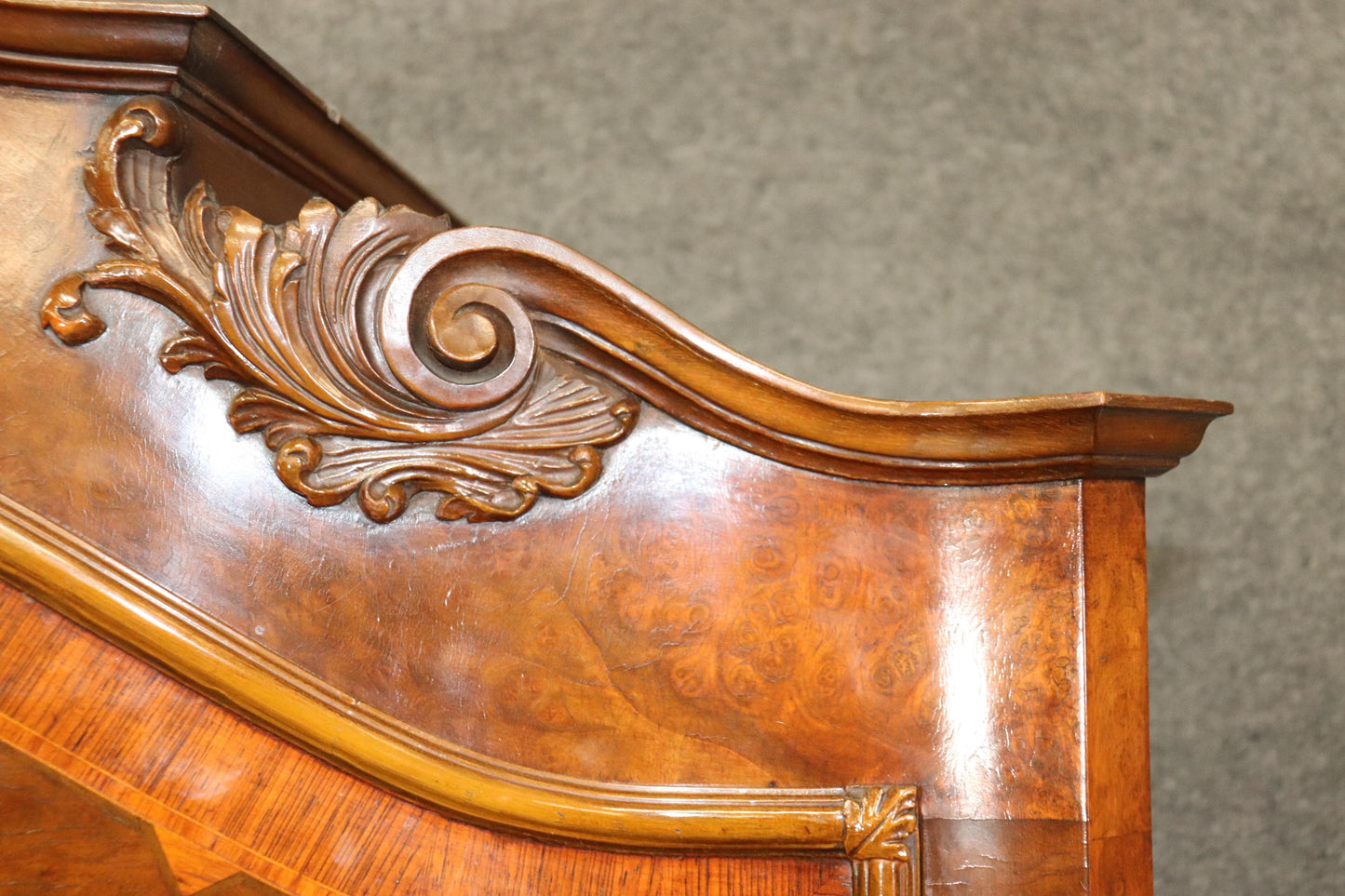 Tall Inlaid Carved Walnut French Louis XV China Cabinet Bar Circa 1920