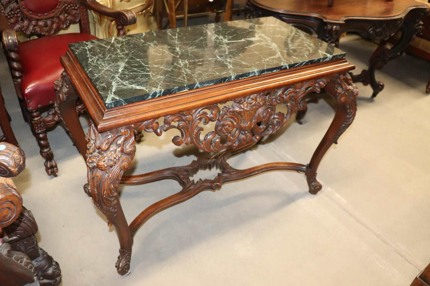 Fine Carved Walnut Verdi Green Marble Top Console Table with Stretcher Base