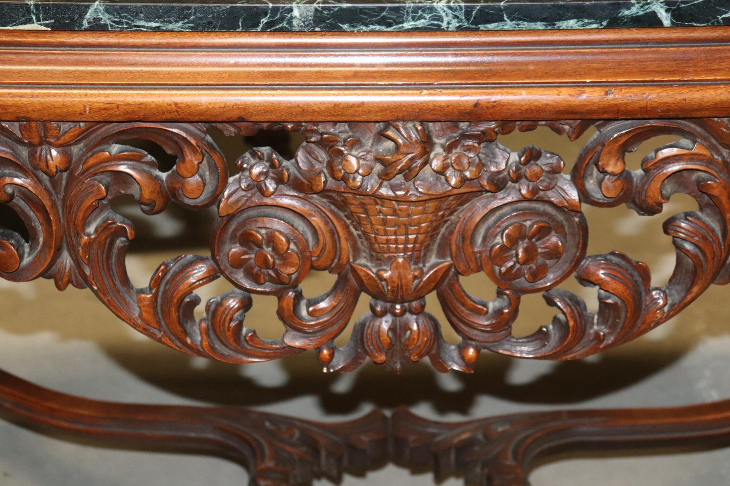 Fine Carved Walnut Verdi Green Marble Top Console Table with Stretcher Base