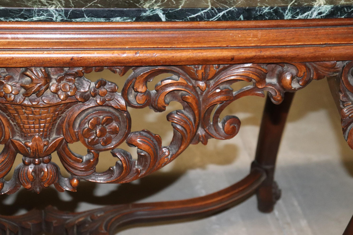 Fine Carved Walnut Verdi Green Marble Top Console Table with Stretcher Base