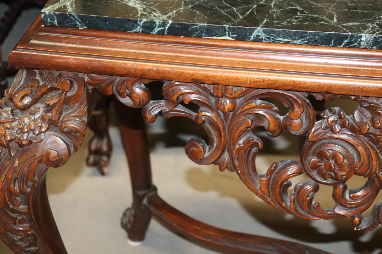 Fine Carved Walnut Verdi Green Marble Top Console Table with Stretcher Base