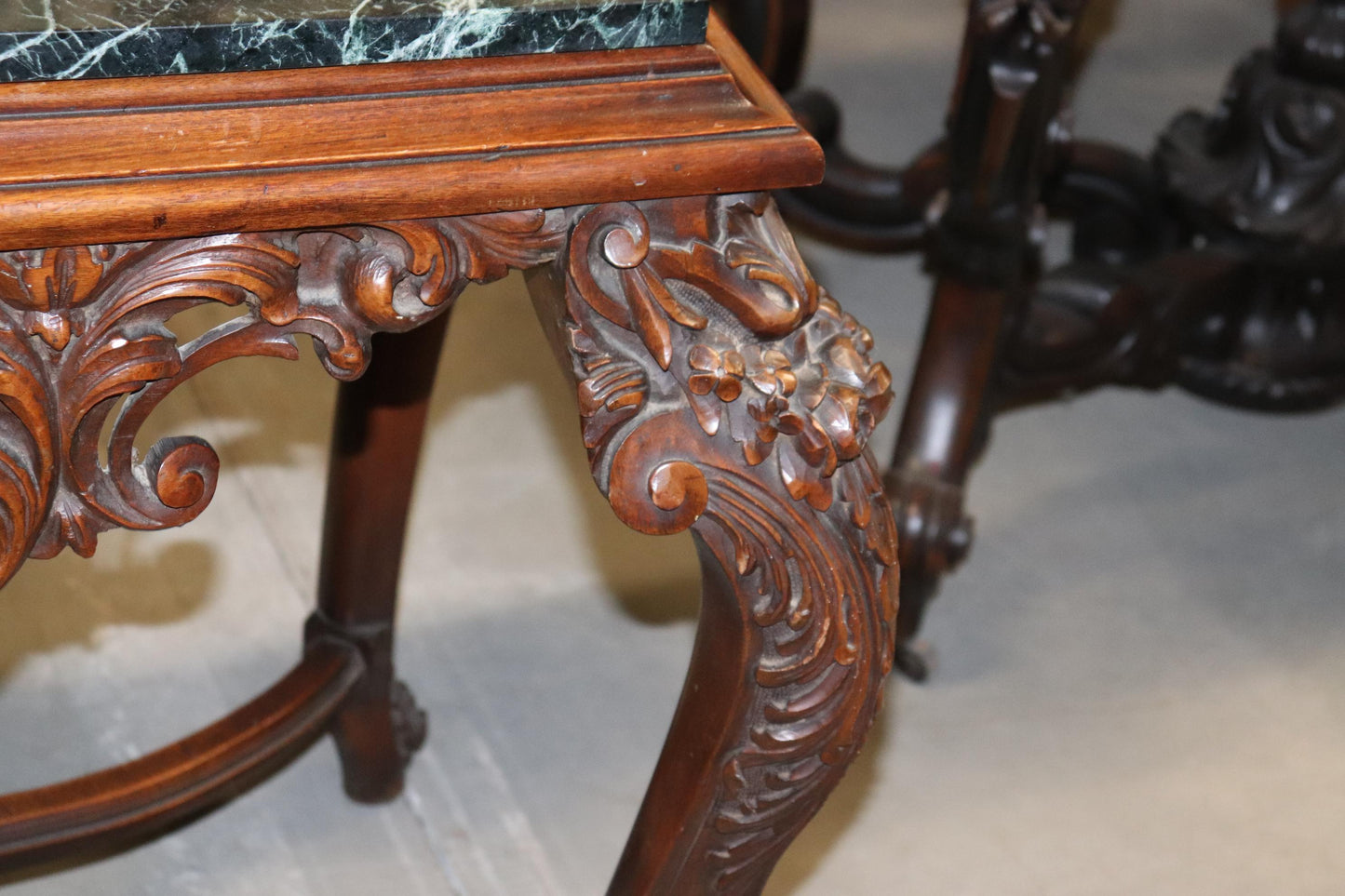 Fine Carved Walnut Verdi Green Marble Top Console Table with Stretcher Base