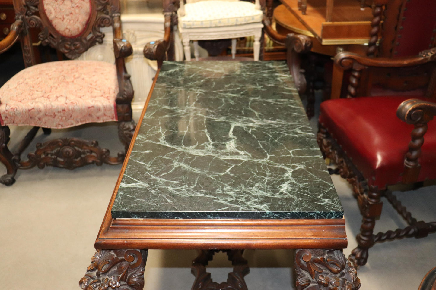 Fine Carved Walnut Verdi Green Marble Top Console Table with Stretcher Base