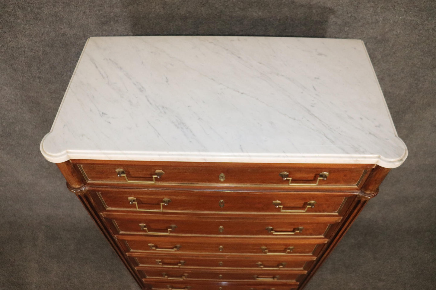 Fine Quaity Walnut French Louis XVI Directoire Brass Trimmed Marble Top Dresser