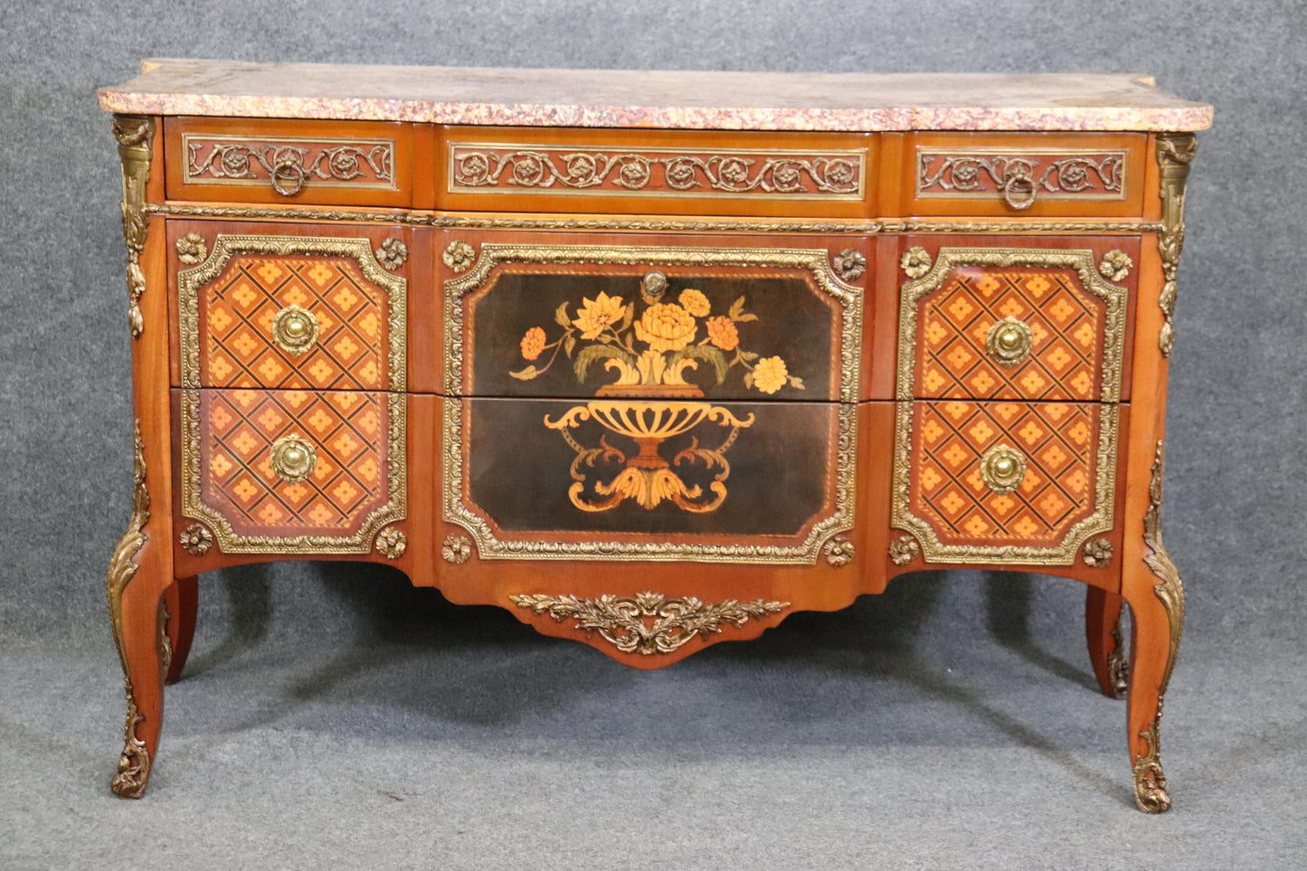 Superb Inlaid French Louis XV Bronze Mounted Marble Top Commode