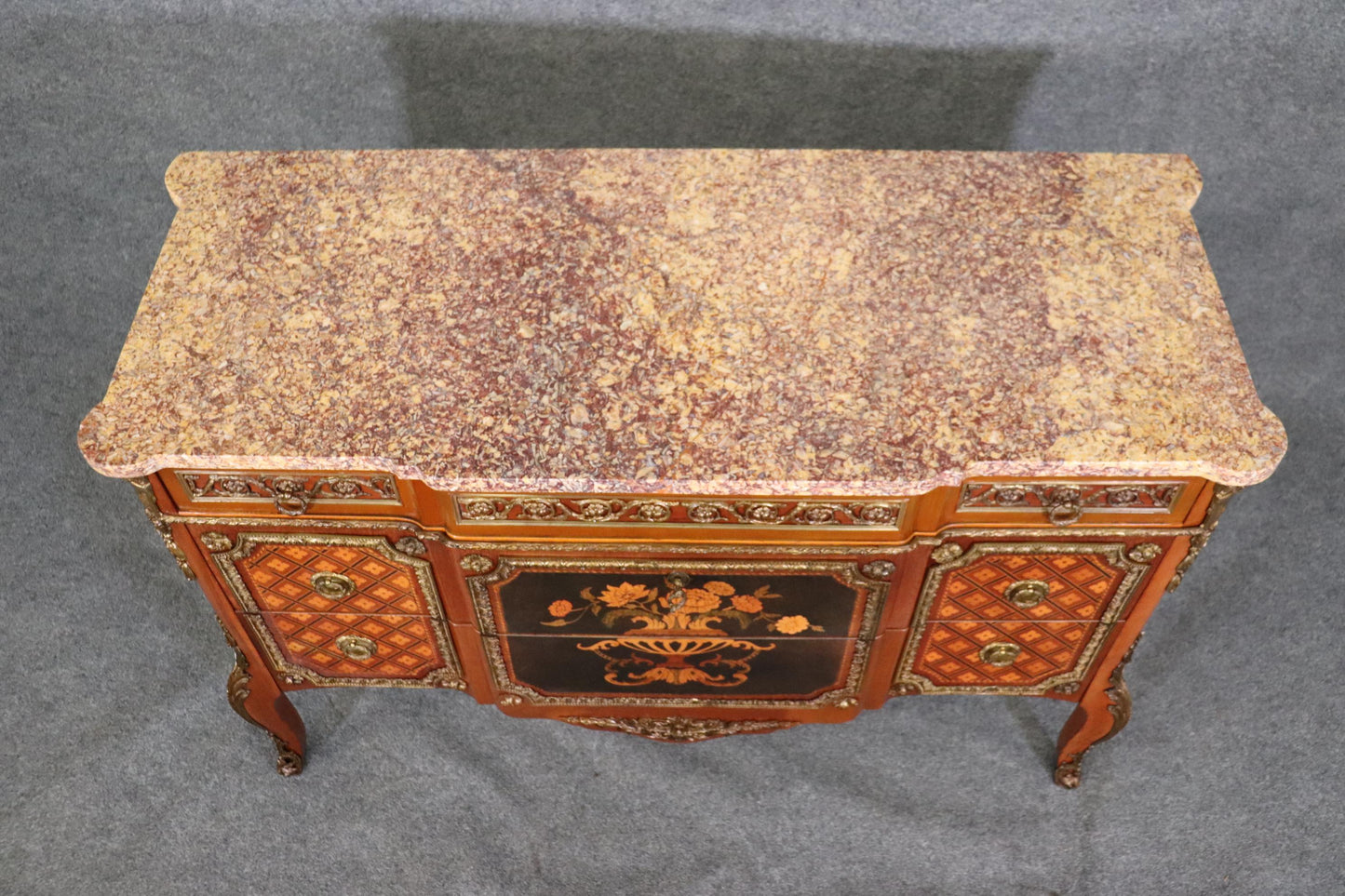 Superb Inlaid French Louis XV Bronze Mounted Marble Top Commode