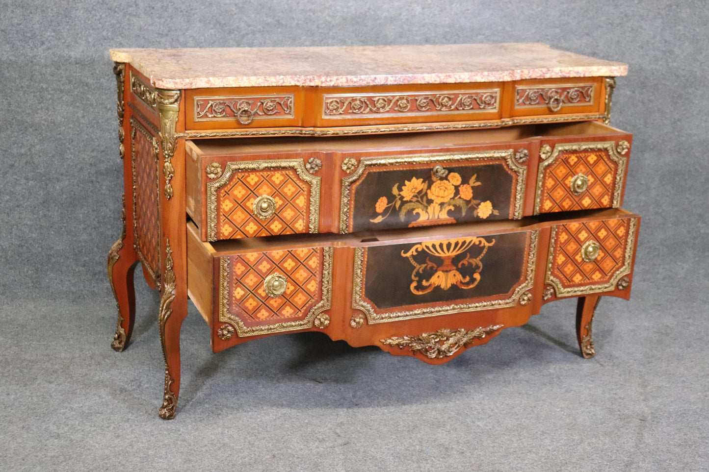 Superb Inlaid French Louis XV Bronze Mounted Marble Top Commode