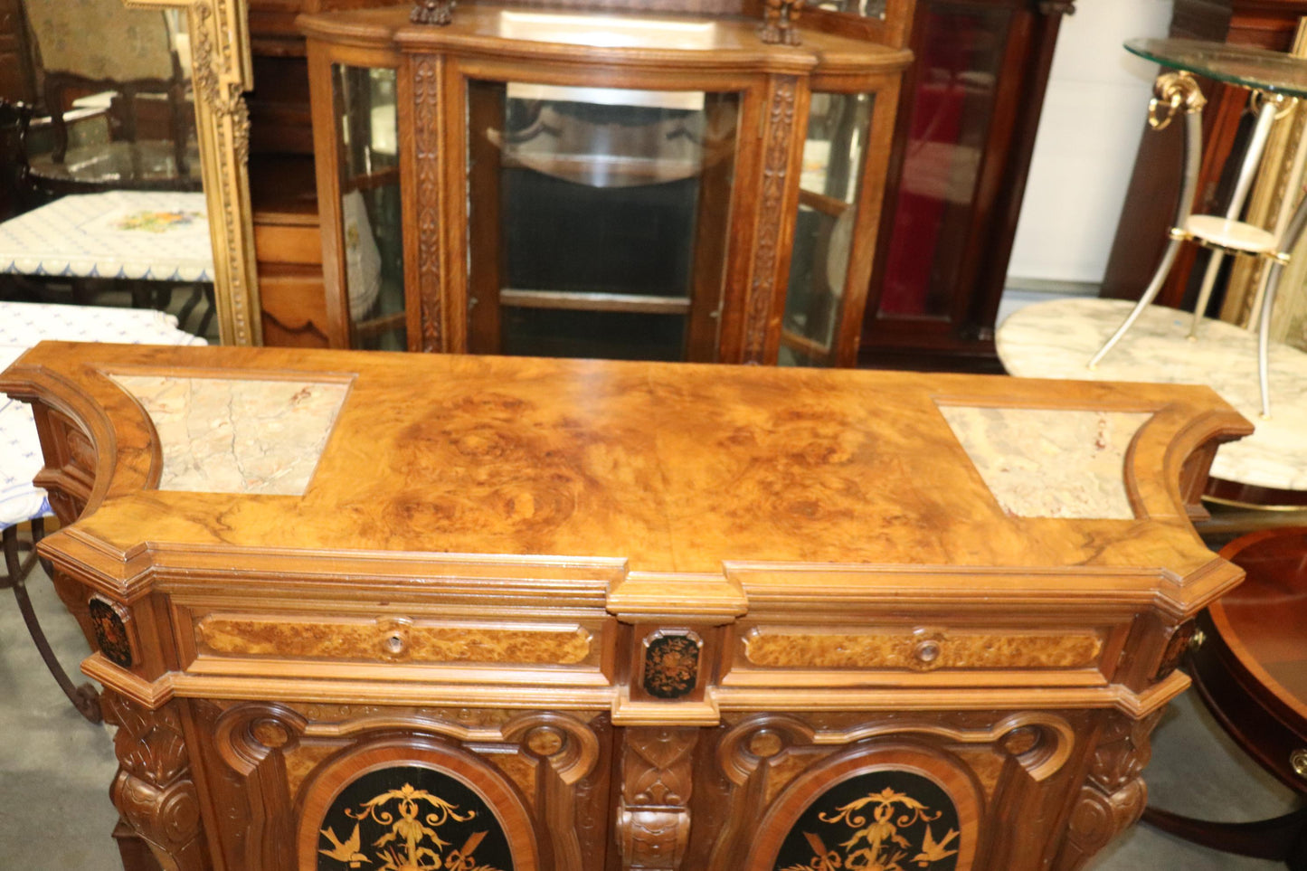 Pottier and Stymus Attributed Circassian Walnut Inlaid Credenza Sideboard