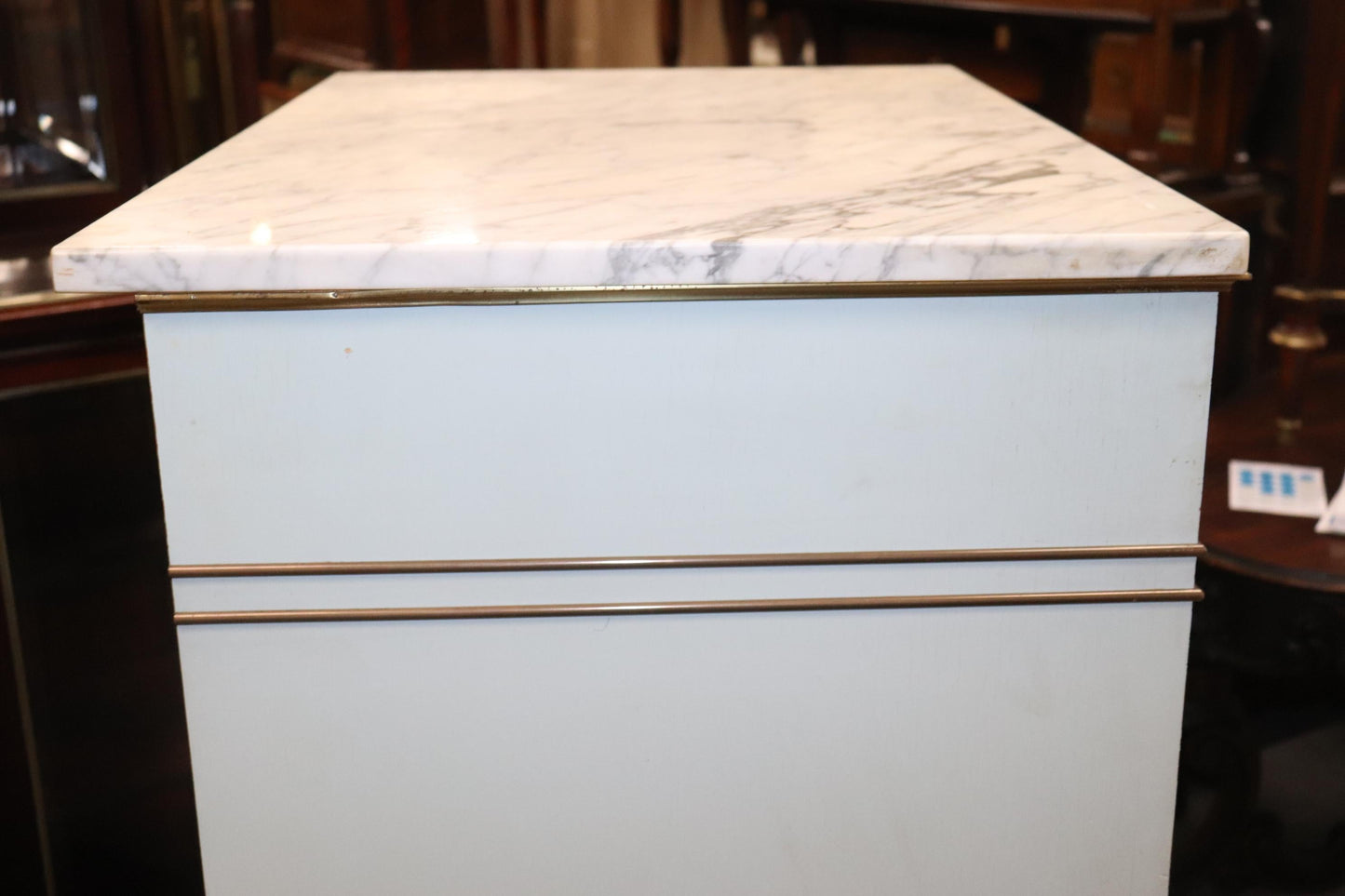 French Directoire Style Light Blue Painted Marble Top Dresser Semanie