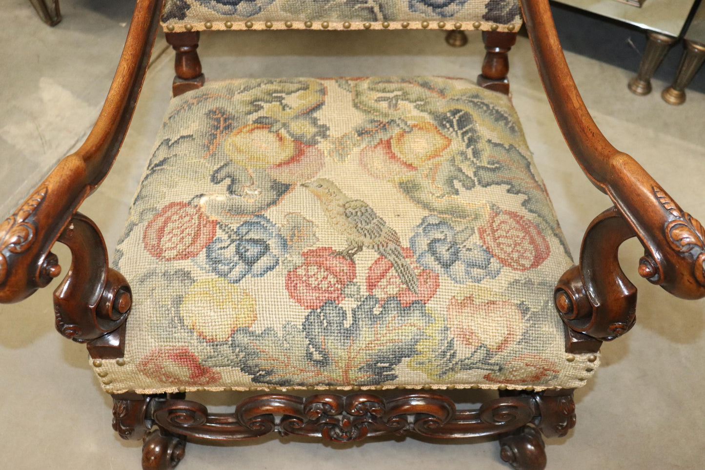 Tall Back Needlepoint and Petit Point Carved Walnut French Louis XV Armchair