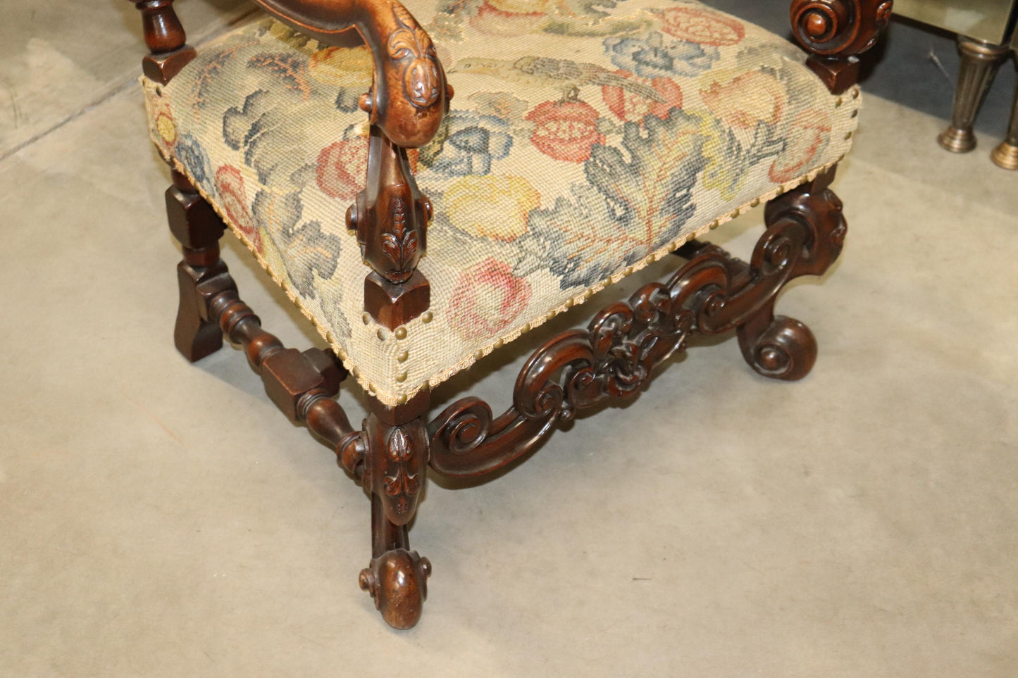 Tall Back Needlepoint and Petit Point Carved Walnut French Louis XV Armchair