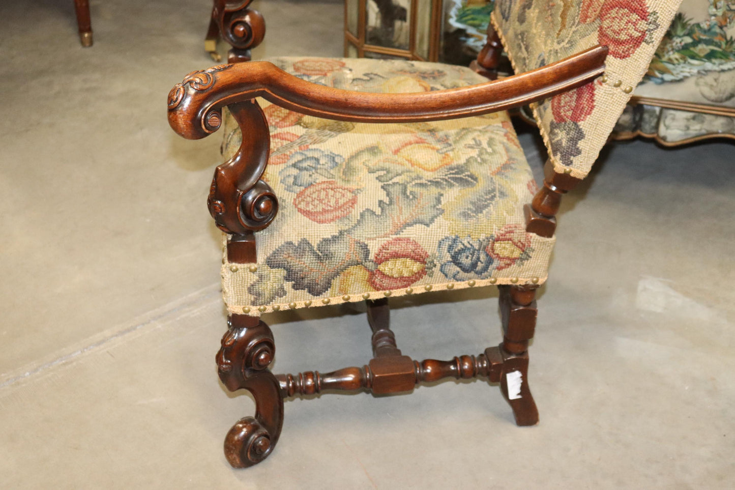 Tall Back Needlepoint and Petit Point Carved Walnut French Louis XV Armchair