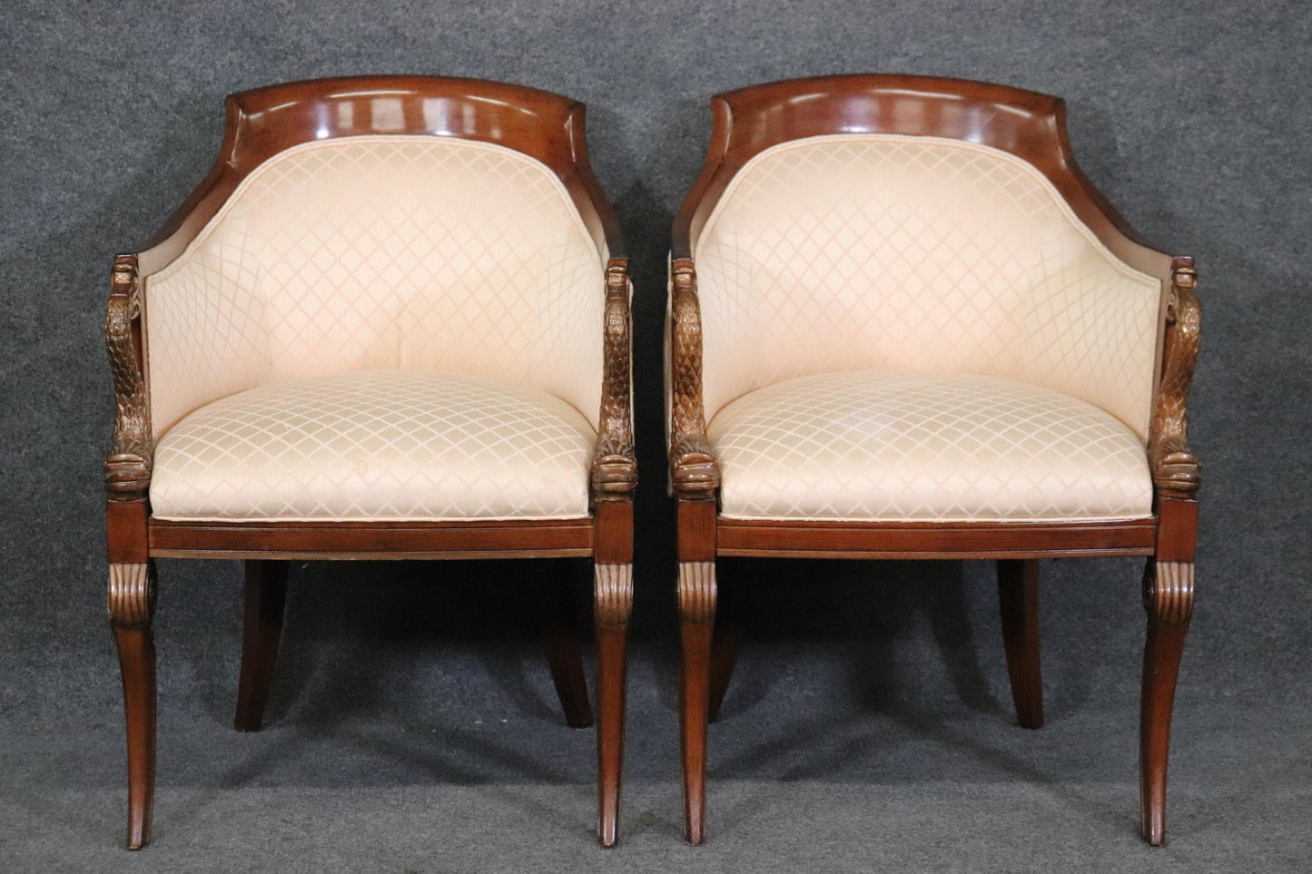 Pair of French Directoire Style Carved Dolphin Mahogany Club Chairs Circa 1970