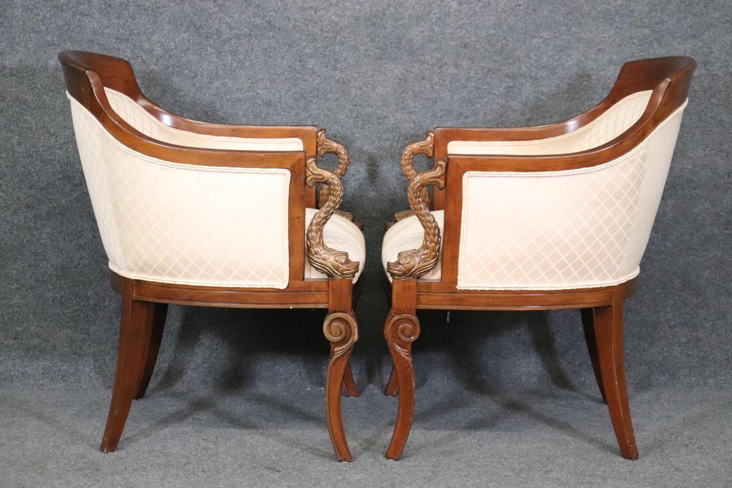 Pair of French Directoire Style Carved Dolphin Mahogany Club Chairs Circa 1970