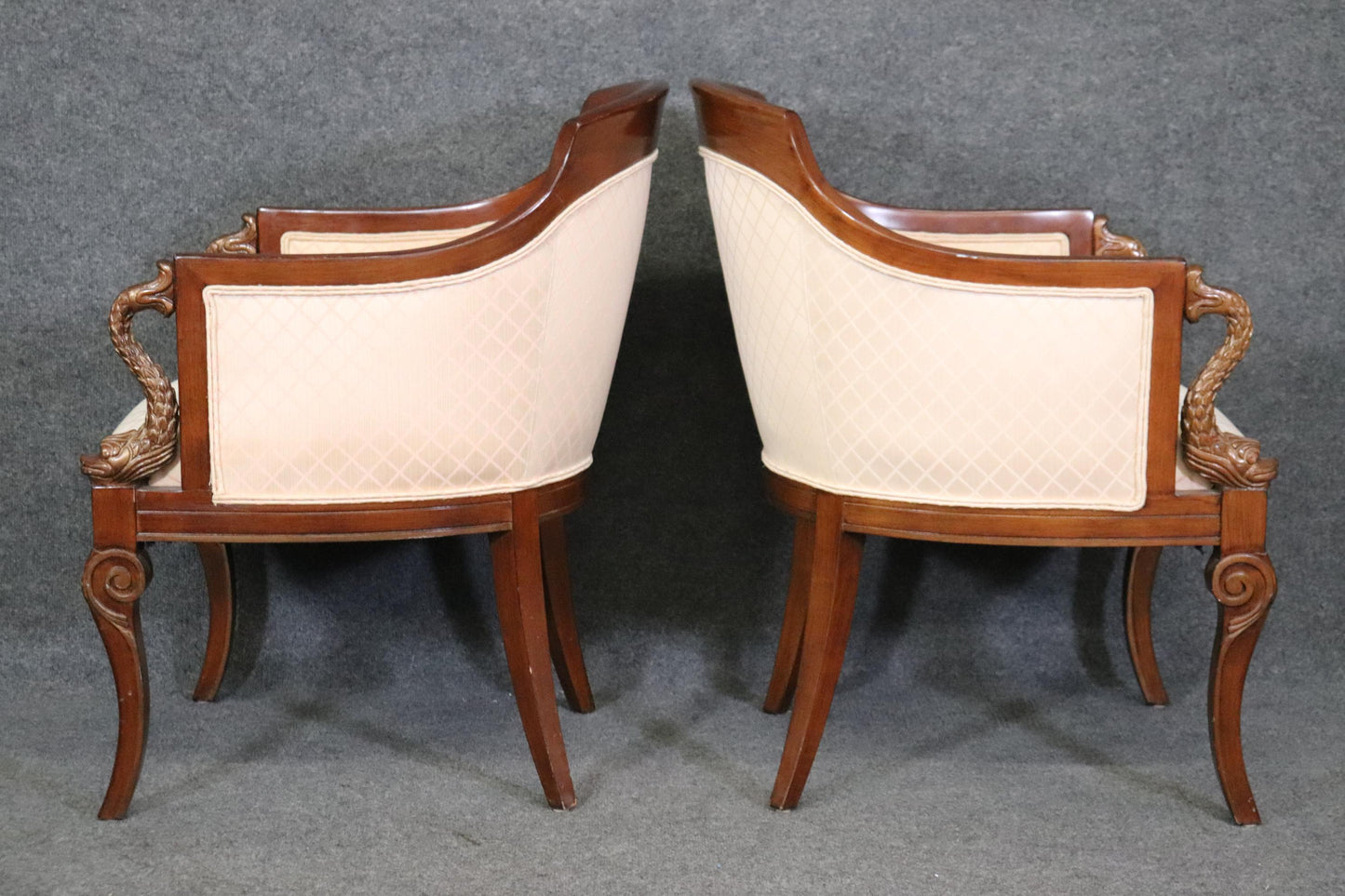 Pair of French Directoire Style Carved Dolphin Mahogany Club Chairs Circa 1970