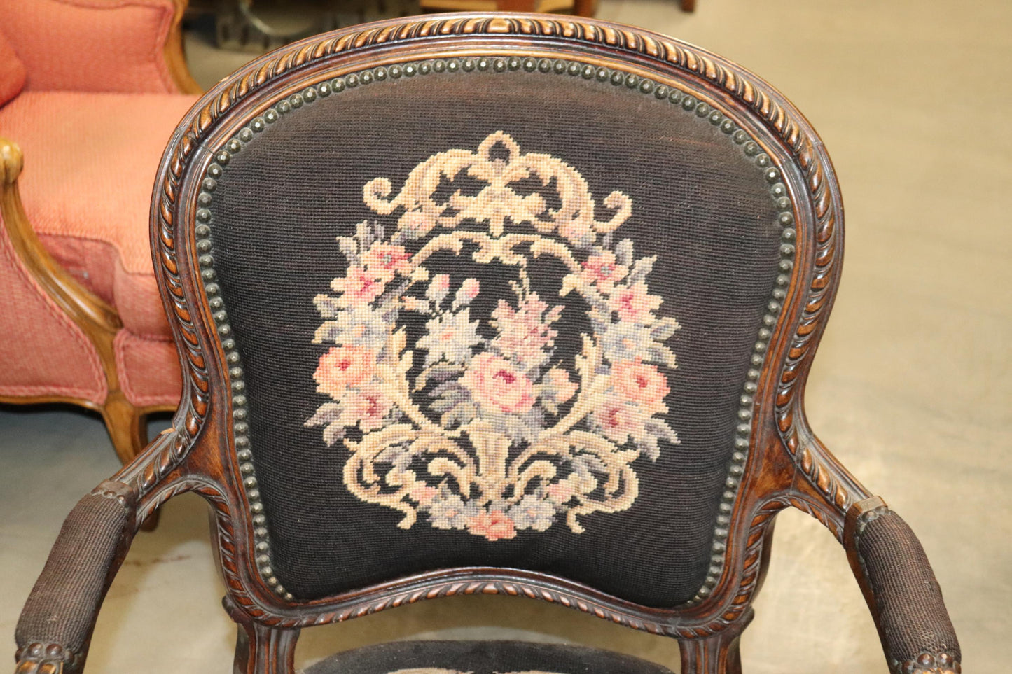 French Louis XV Brown Needlepoint Armchair Circa 1940