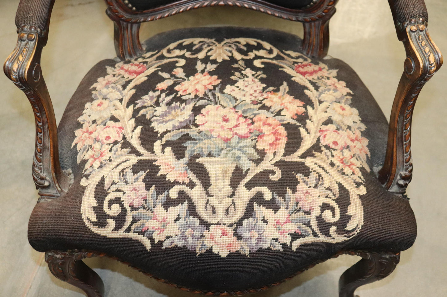 French Louis XV Brown Needlepoint Armchair Circa 1940