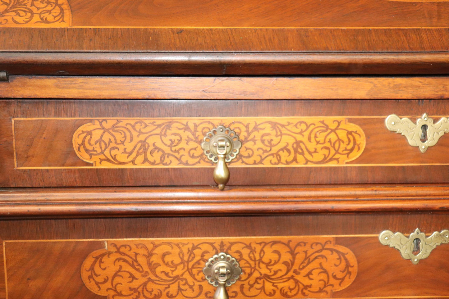 Seaweed Inlaid Walnut Mirrored Tombstone Georgian Secretary Desk Bookcase Top