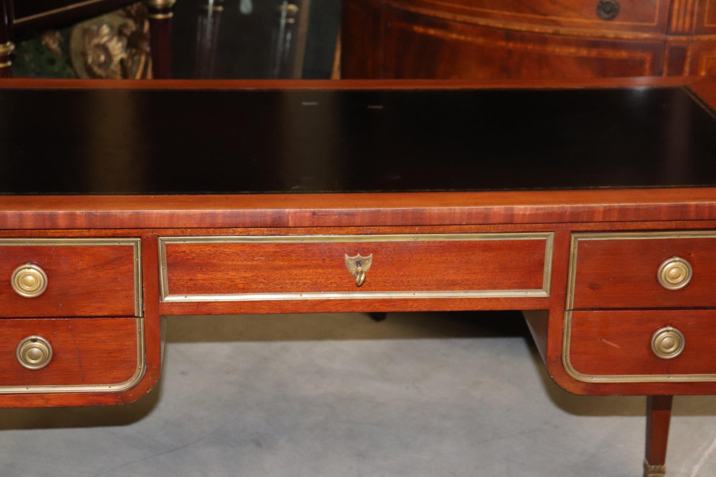 Black Leather Top French Directoire Style Writing Desk Bureau Plat, Circa 1960