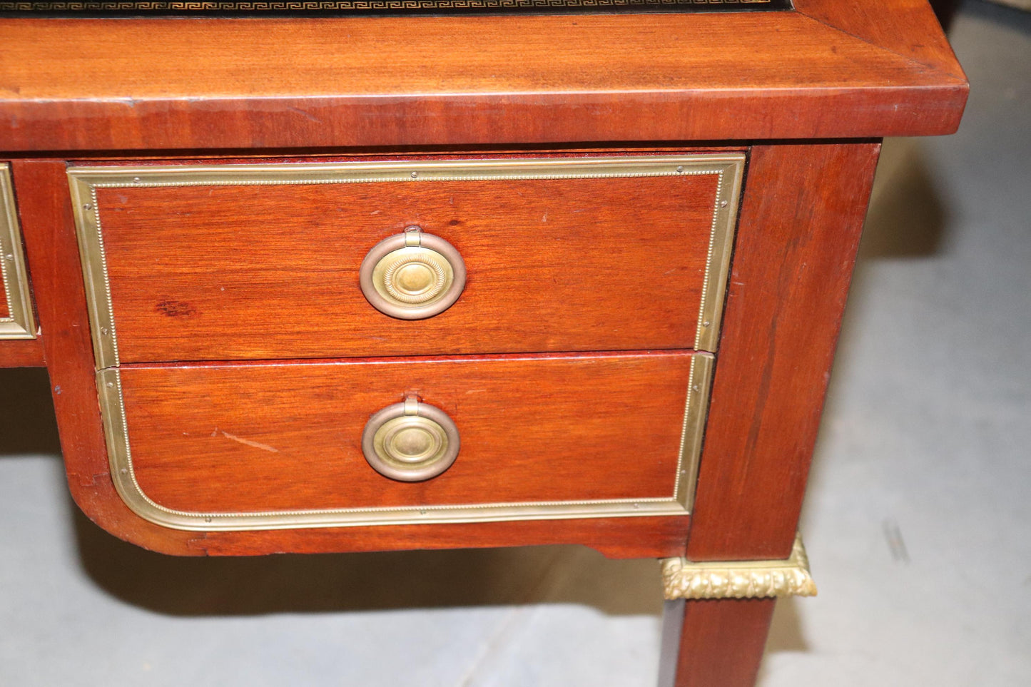 Black Leather Top French Directoire Style Writing Desk Bureau Plat, Circa 1960