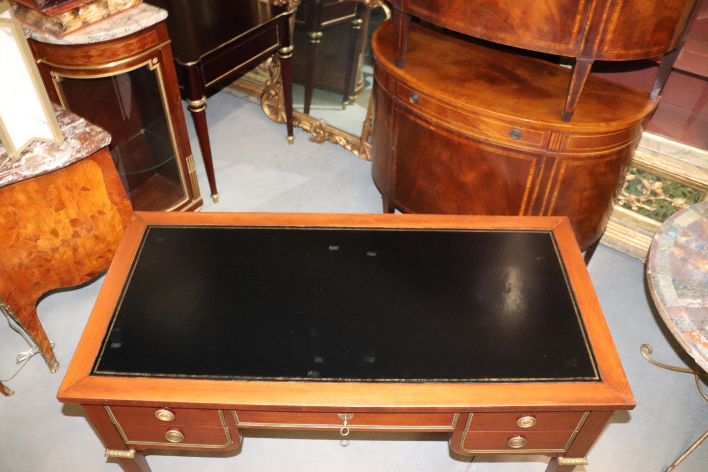 Black Leather Top French Directoire Style Writing Desk Bureau Plat, Circa 1960