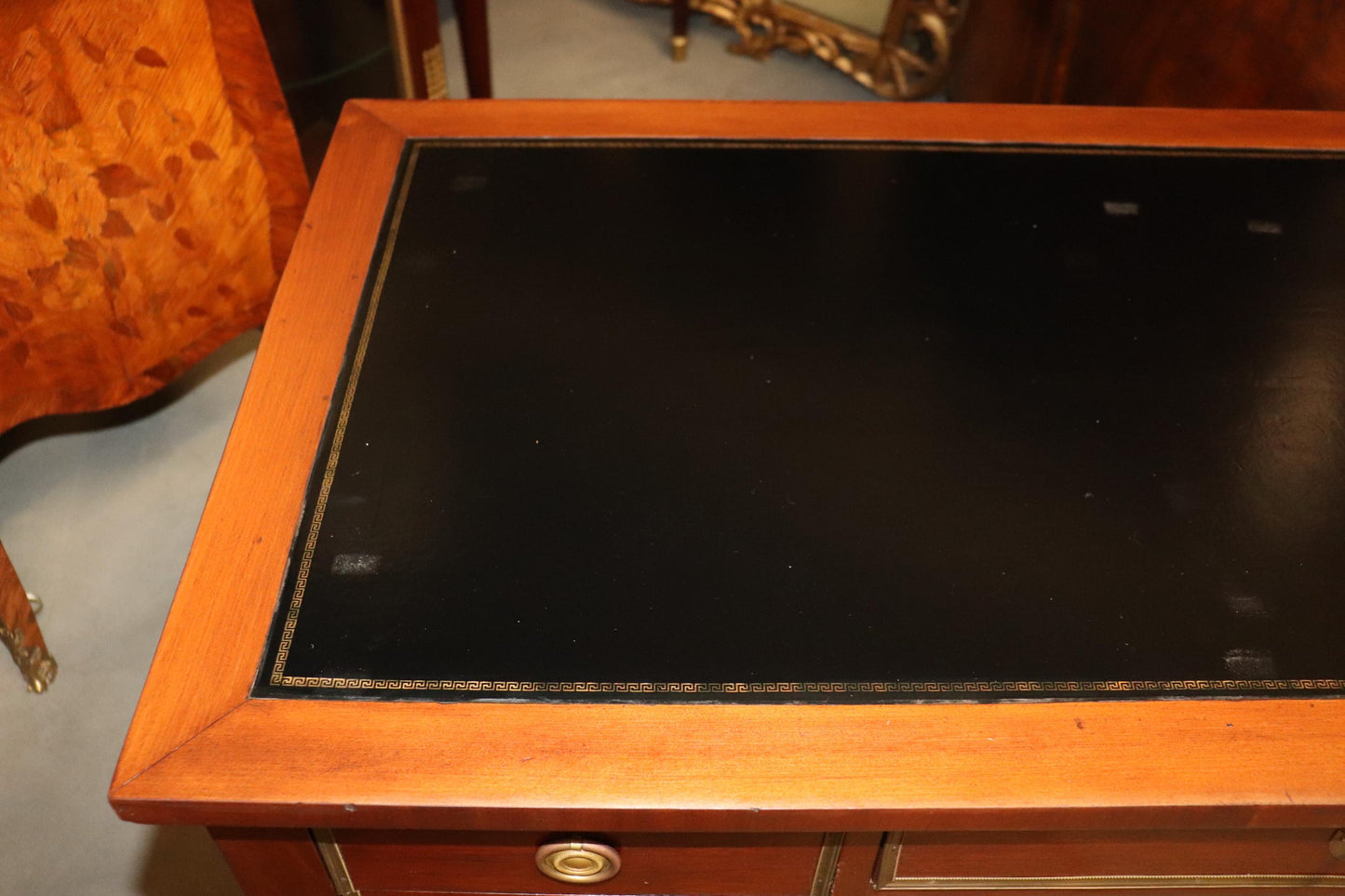 Black Leather Top French Directoire Style Writing Desk Bureau Plat, Circa 1960