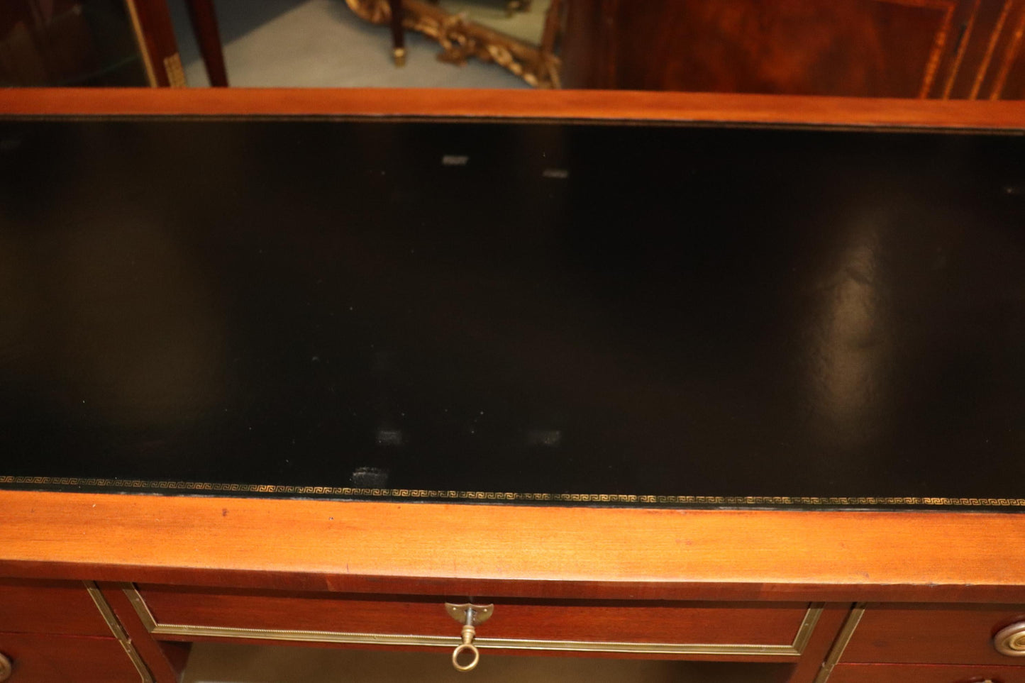 Black Leather Top French Directoire Style Writing Desk Bureau Plat, Circa 1960