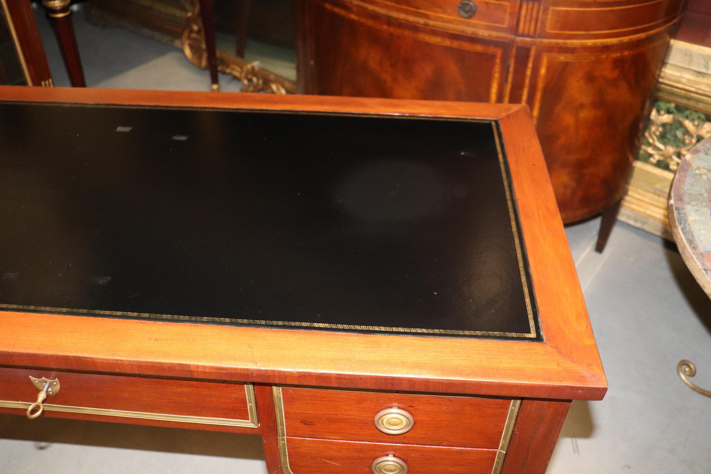 Black Leather Top French Directoire Style Writing Desk Bureau Plat, Circa 1960