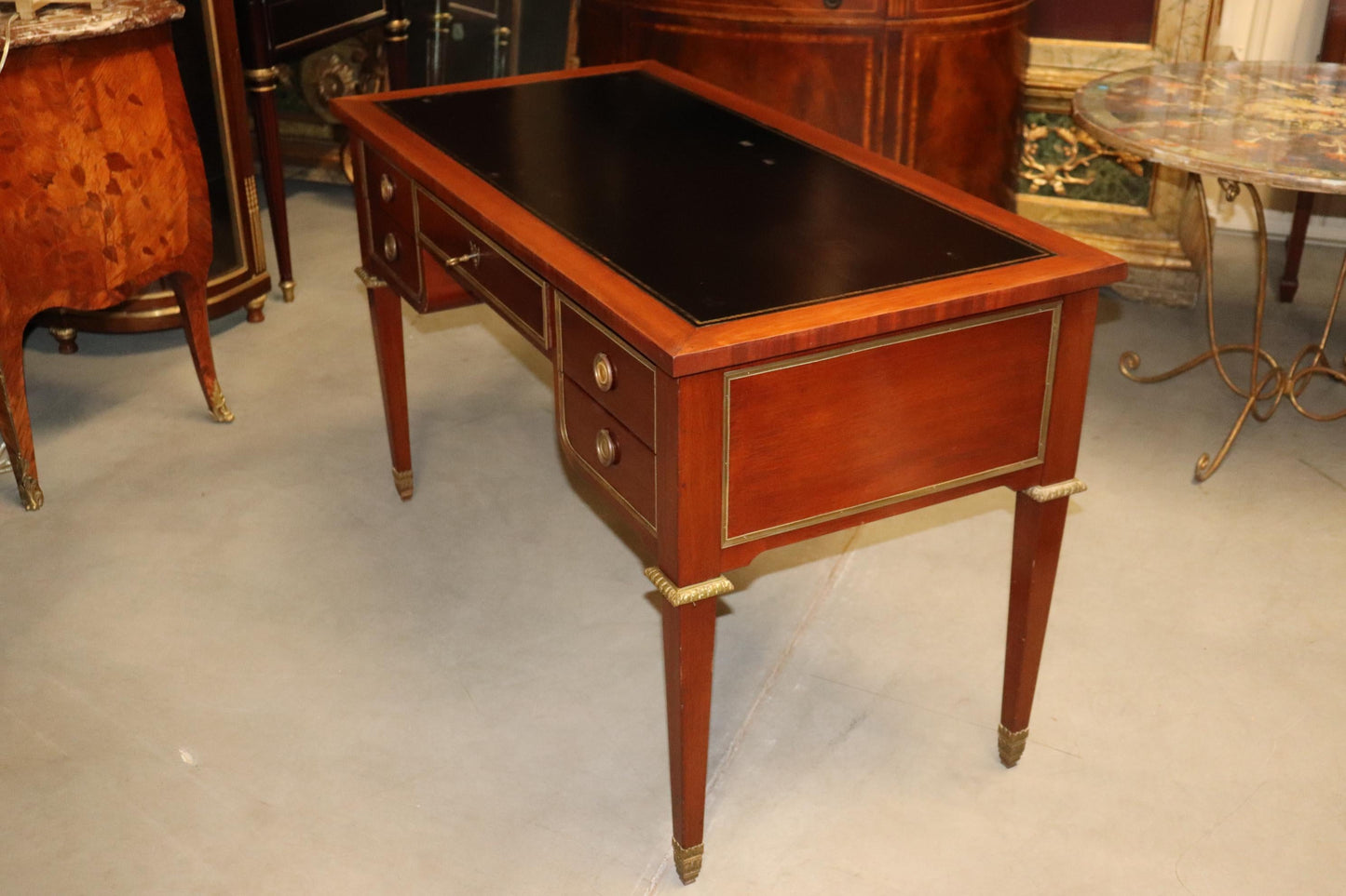 Black Leather Top French Directoire Style Writing Desk Bureau Plat, Circa 1960