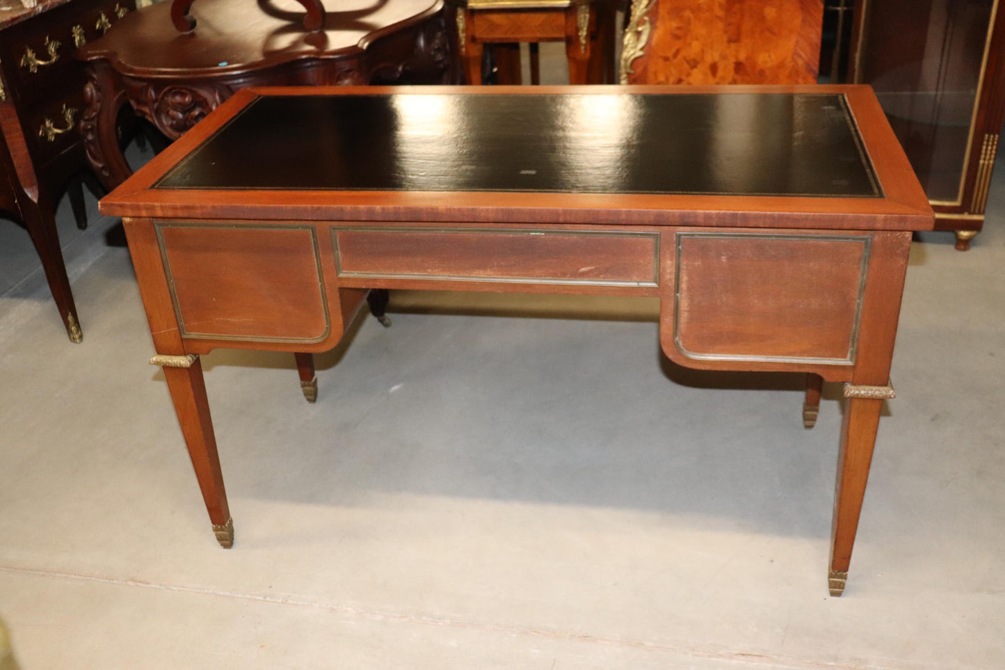 Black Leather Top French Directoire Style Writing Desk Bureau Plat, Circa 1960