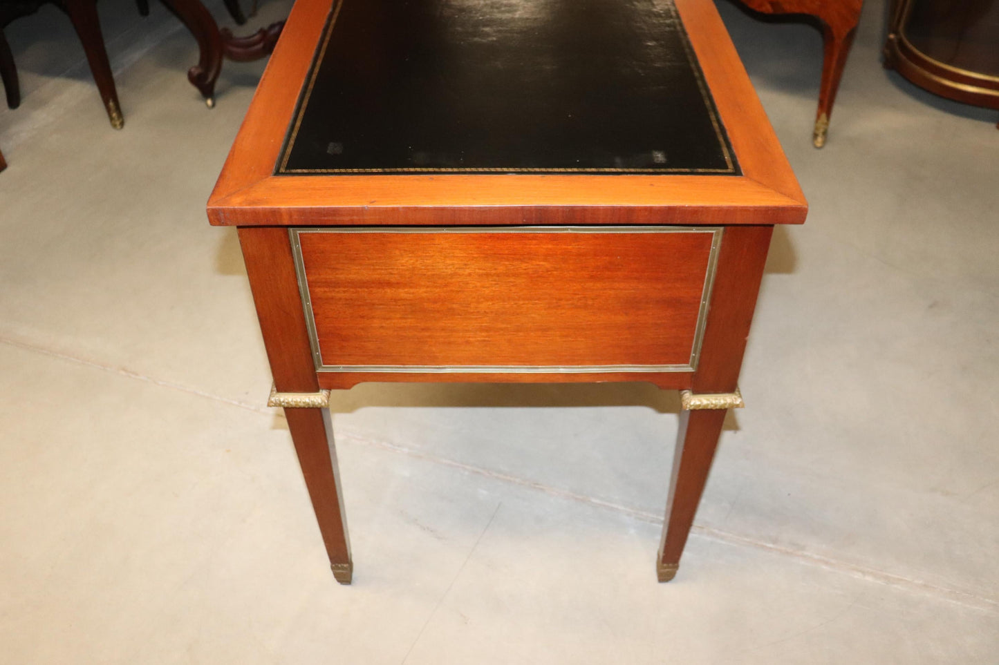 Black Leather Top French Directoire Style Writing Desk Bureau Plat, Circa 1960